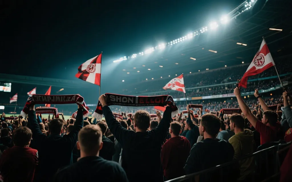 球场看台上人群举起围巾与旗帜、夜色灯光下的集体欢呼